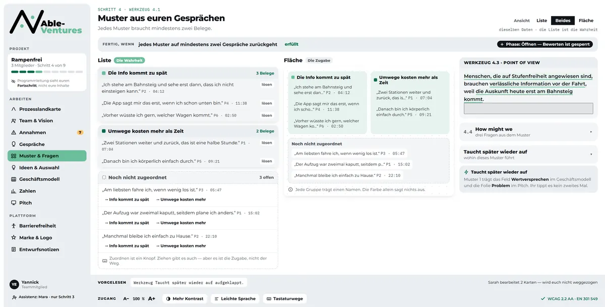 Muster-Sortierung: Zitate aus Gesprächen in Gruppen, Liste und Fläche nebeneinander.